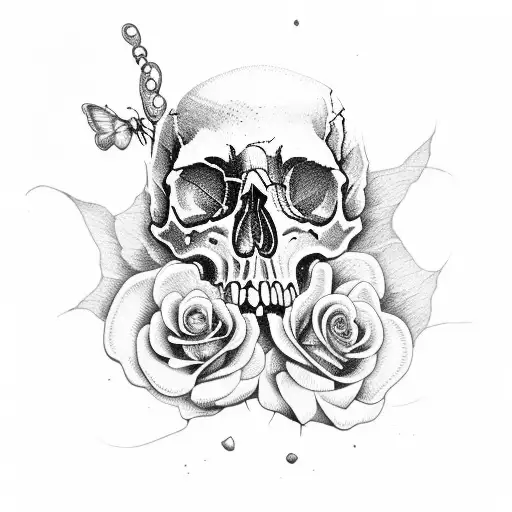 Skull With Rose And Butterfly Watercolor