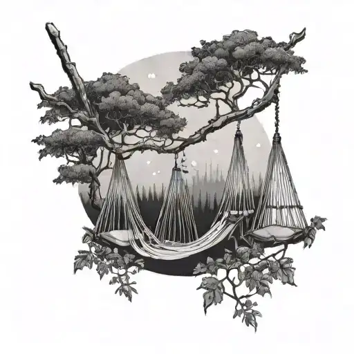 Three Hammocks Strung Up Between Two Trees In The Middle Of The Forest On A Moonlit Night