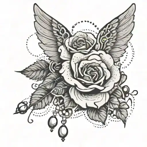 Rose With Wings And Rosary Beads Wrapped Loosely Infront