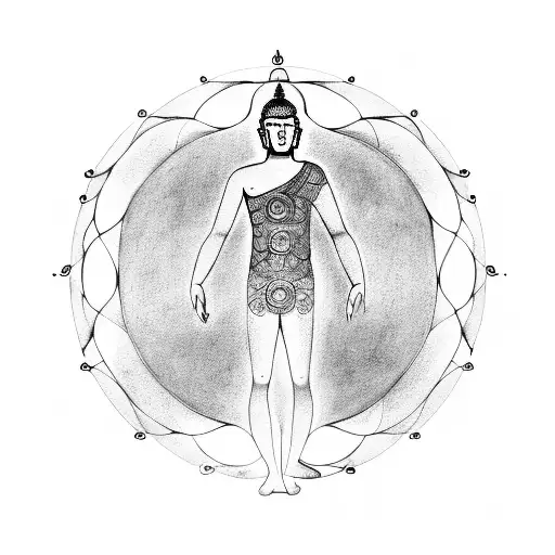 Buddha Pose In Style Of Vitruvian Man With Dancing Muse