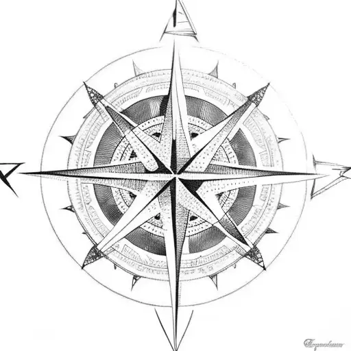 A Dotwork Tattoo Depicting A Compass Rose Surrounded By Various Sea Animals