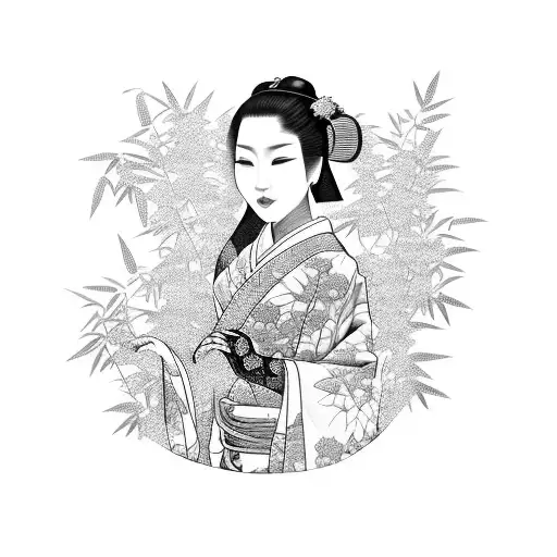 Geisha Wearing A Kimono Surrounded By A Serene Bamboo Forest