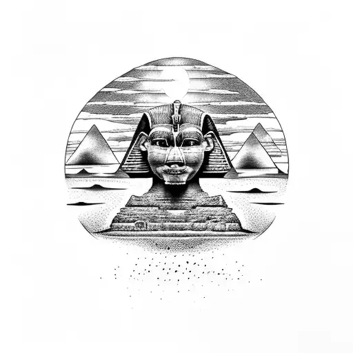 A Dotwork Tattoo Of The Great Sphinx With A Sunset Backdrop