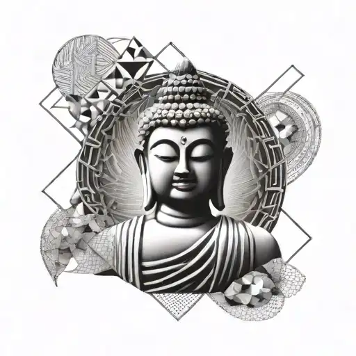 A Buddha Statue With A Background Of Abstract Geometric Shapes Representing Inner Peace