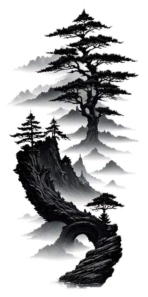 Canadian Nature Landscape Combined With Buddist Symbols In Japanese Style