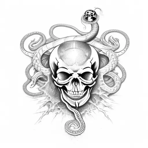 Tattoo Of A Decrepit Skull With A Snake Curling Its Way Through And Molting