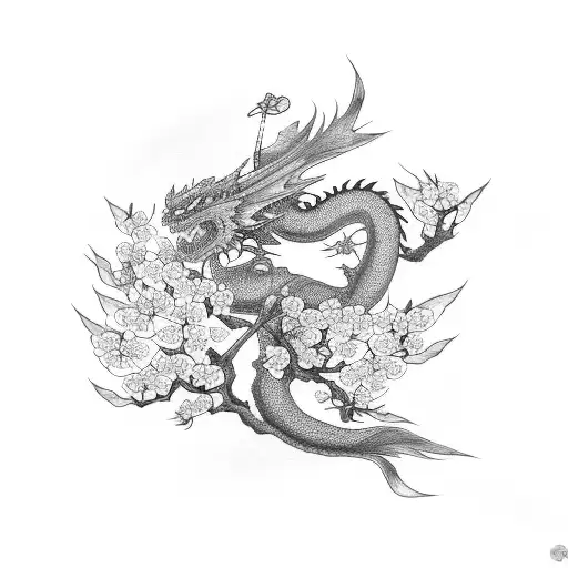 Cherry Blossom Branch With A Dragon Flying Around It