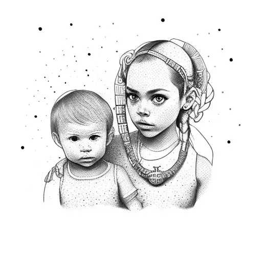 A Dotwork Portrait Of The Client's Son And Daughter With Their Zodiac Signs Incorporated