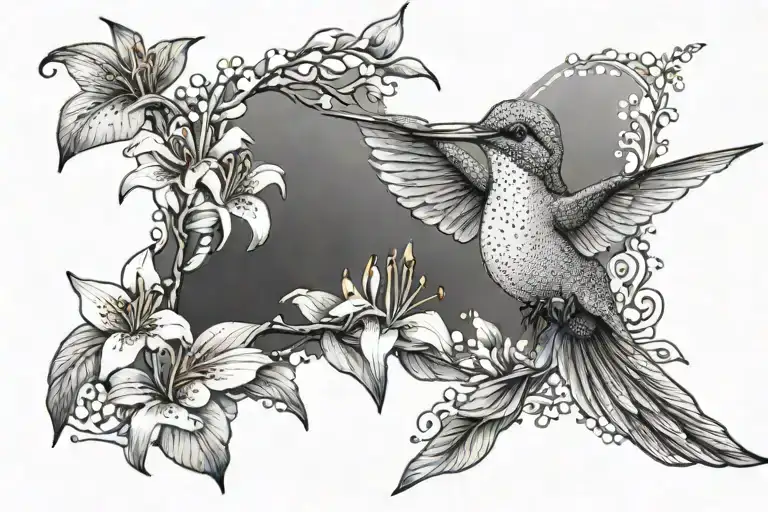 A Dotwork Tattoo Of Lilly Flowers With A Hummingbird Perched On A Branch