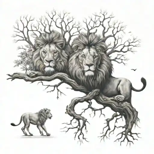 2 Trees Showing Roots And Branches Connected With 1 Male And 1 Female Lion Laying Below Them