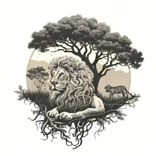 2 Separate Trees With Roots And Branches Connected With 1 Male And 1 Female Lion Laying Below Them