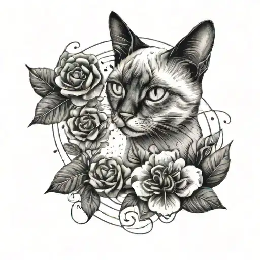 Siamese Cat In A Flower Field Surrounded By Music Notes