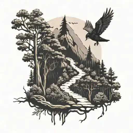 A Hiking Trail Winding Through A Forest With Birds Perched On Branches In A Dotwork Style