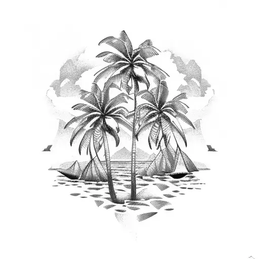 An Intricate Dotwork Tattoo Of A Tropical Beach Landscape With Palm Trees And Waves