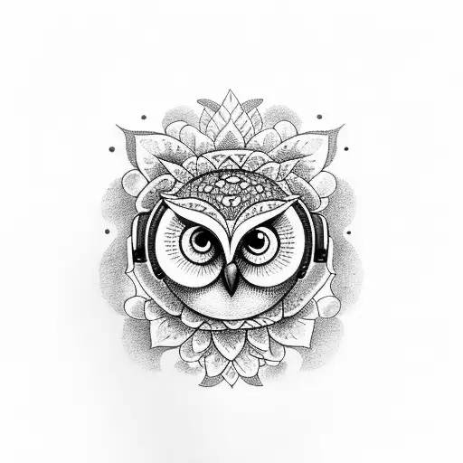 A Dotwork Tattoo Of An Owl Wearing Headphones And Surrounded By Flowers