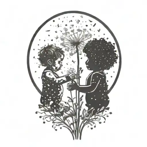 Silhouette Of Two Babies Playing With Dandelion Flowers