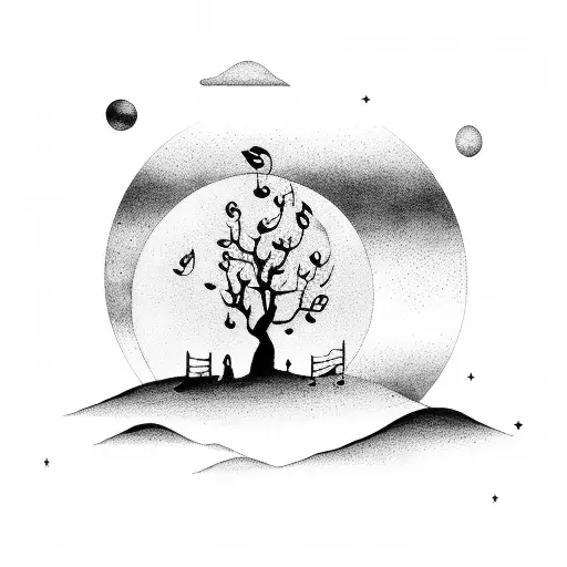 A Beautiful Moonlit Landscape With Musical Notes Floating In The Sky