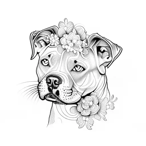 An Intricate Dotwork Design Featuring A Pitbull And Blooming Flowers