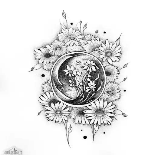 Moon With Daisies And Three Hearts
