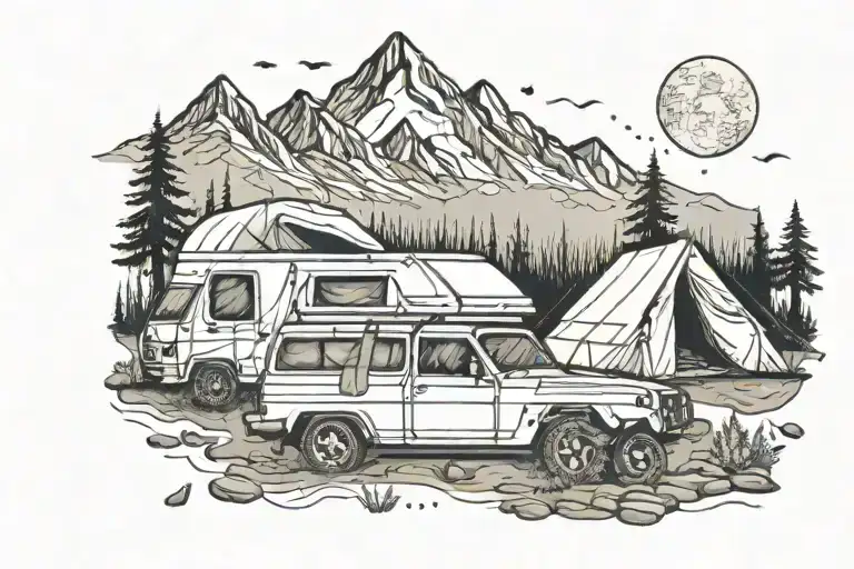 Line Art Tattoo Of A Simply Mountain And Camping Tent And A Car