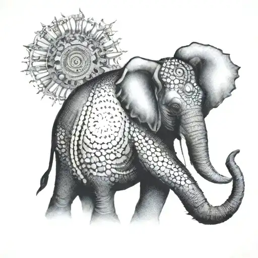 An Elephant Wearing A Crown With A Sun In The Background