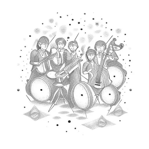 A Tattoo Of A Group Of Friends Playing Musical Instruments While Traveling The World