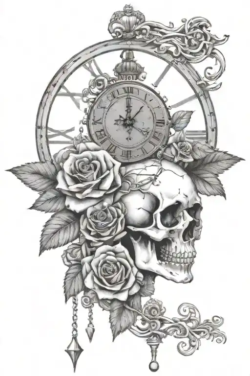Female Silhouette Skull Clock Bleeding Heart Rose Barbwire