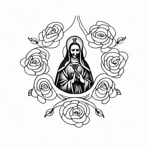 A Dotwork Tattoo Of The Virgin Mary Holding Tree Roses