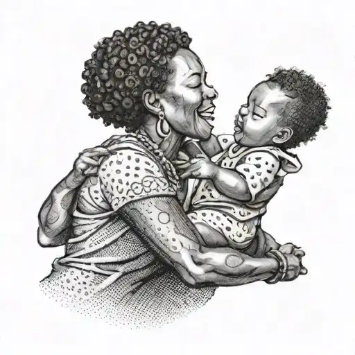 Illustrate A Scene Of A Mother Dancing With Her Child To African American Music In Dotwork Style