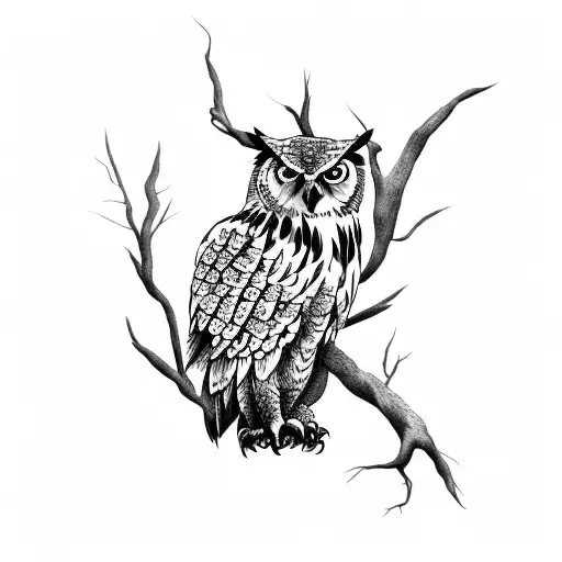 Eagle Owl On Olive Branch