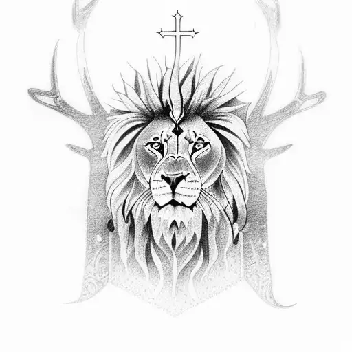 Religious Christian Tattoo Featuring A Lion And A Deer In Dotwork Style