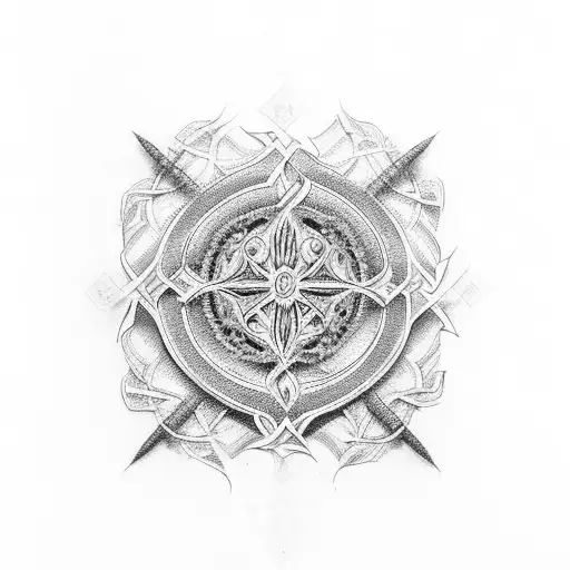 An Intricate Cross Design Incorporating Biblical Verses In A Dotwork Style