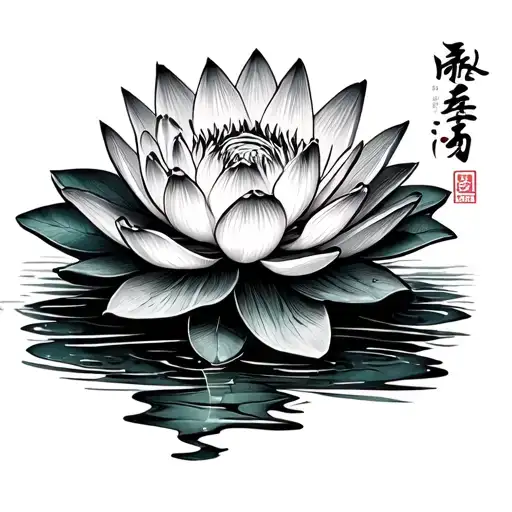Water Lily And Pad With Kanji For Lotus