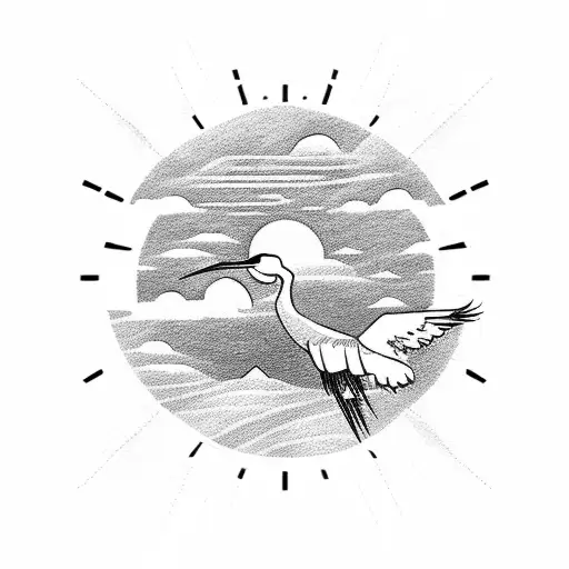 A Dotwork Crane Flying Over A Mountain Range With A Sun Rising Behind It