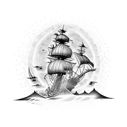 Elegant Silhouette Of A Pirate Ship At Sunset