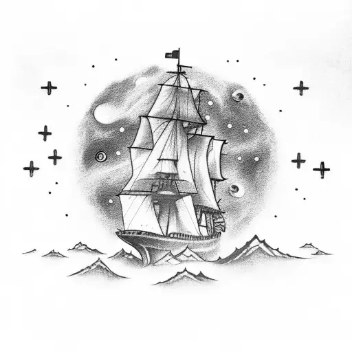 A Black-grey Tattoo Of A Ship Sailing Through The Stars With A Quote From A Favorite Movie
