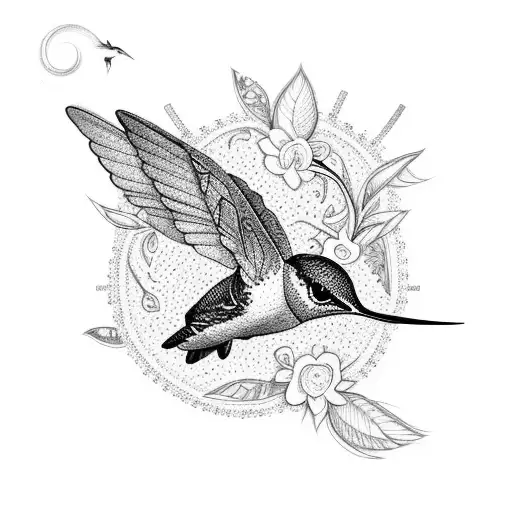 A Dotwork Sleeve Featuring A Graceful Hummingbird Amidst A Garden Of Colorful Flowers And Vines