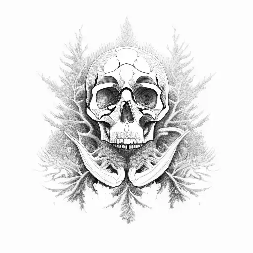 An Open Book With Intricate Skull Illustrations Surrounded By A Forest Of Trees