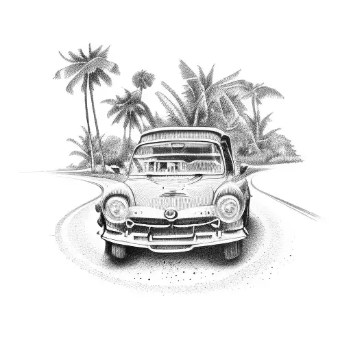 An Antique Car Driving On A Road That Leads To A Tropical Island