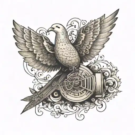 An Intricate Design Of A Dove Carrying A Musical Instrument And A Holy Cross