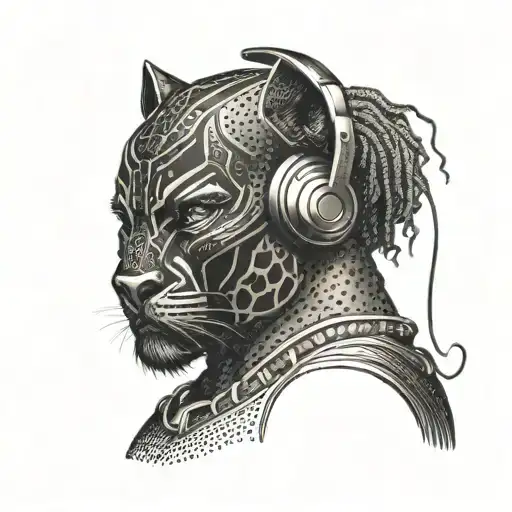 A Muscular Black Panther Listening To Music With Dotwork Shading
