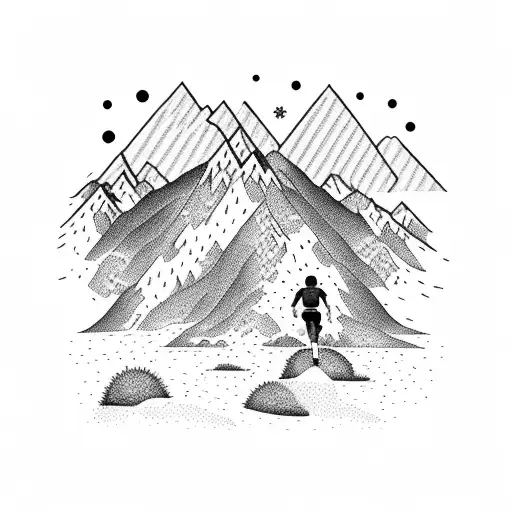 A Dotwork Tattoo Of A Runner Surrounded By Mountain Peaks And Wildflowers