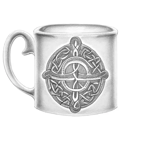 A Coffee Mug With A Celtic Design And A Treble Clef Symbol Inside It