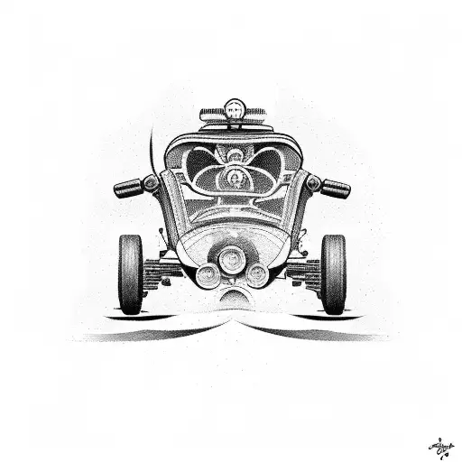 A Dotwork Tattoo Of A Vintage Italian Sports Car Racing Through The Canadian Rockies