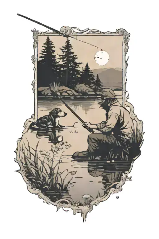 Guy Fishing In A Pond With His Dog Beside Him