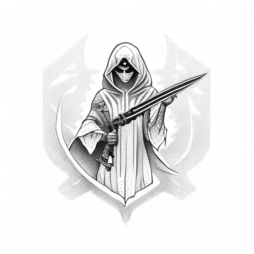 Assassin Woman With Hood On Holds A Dagger Wwith Heart On It