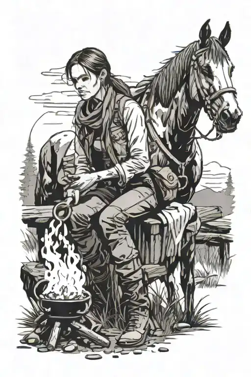 Sadie From Rdr2 Sat At Camp Outside A Campfire With A Horse In The Background