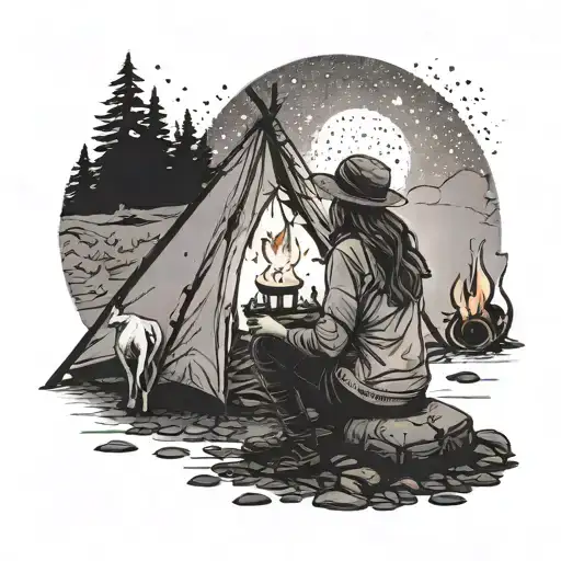 Woman Sat At A Campfire Outside A Tent With A Horse In The Background