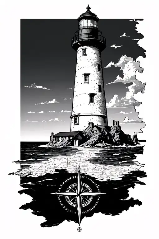 Lighthouse Coming Out Of A Map On The Bottom And A Compass Rose