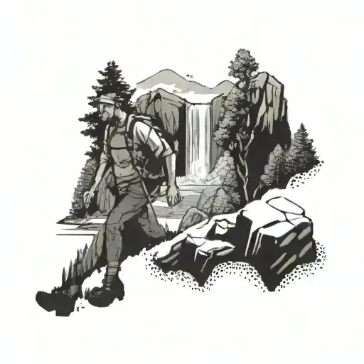 A Dotwork Design Of A Hiker Navigating A Rocky Trail With A Waterfall In The Background